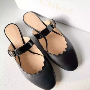 Chloe Lauren Flat Scalloped Mary Jane Mules Black